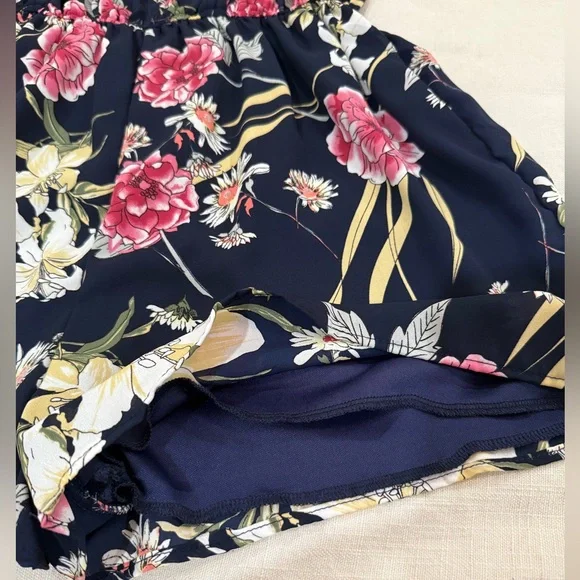 Floral V-Neck Romper - Navy and Pink - Picture 8 of 9
